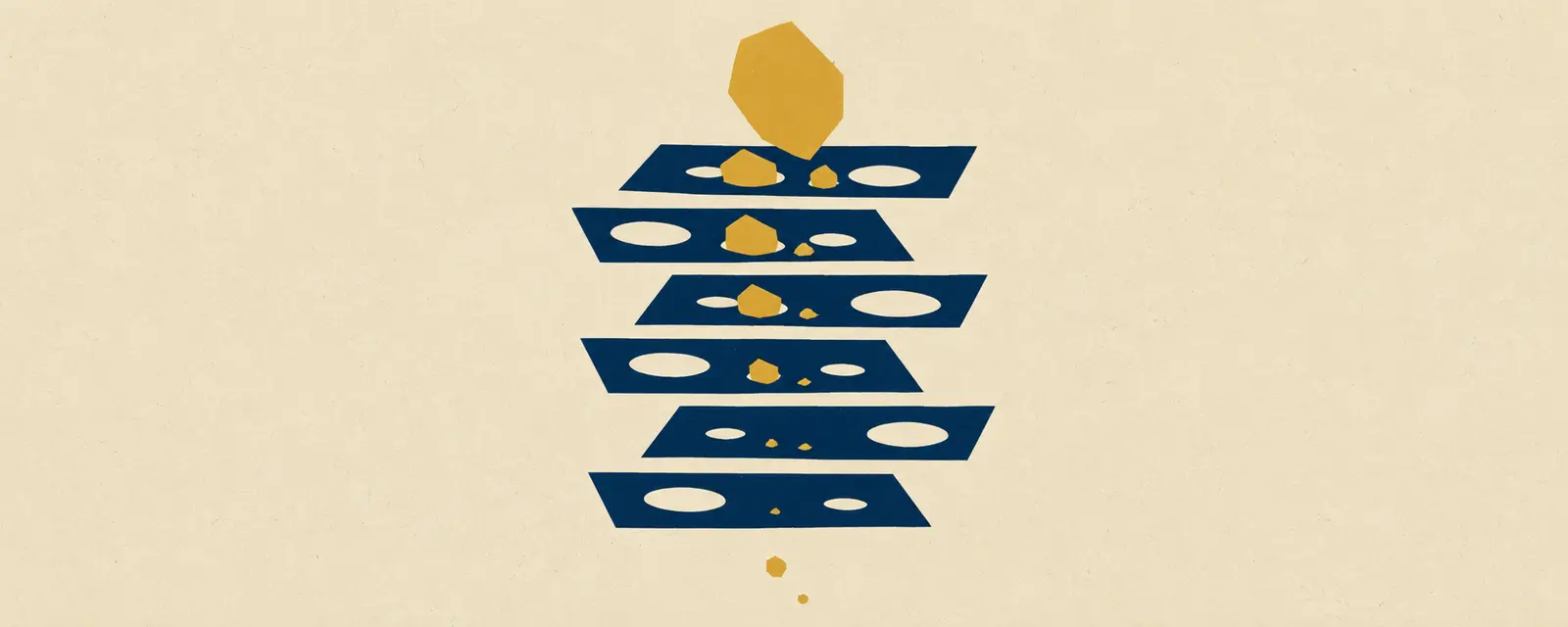 Screen-print poster: Six staggered deep navy perforated plates on cream paper hold mustard-yellow fragments, with two small pieces below the stack.