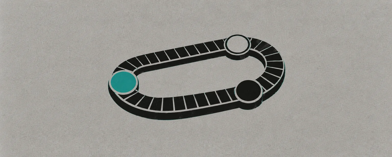 Screen print poster: A black closed-loop track connects three round signal lamps in teal, gray and black.