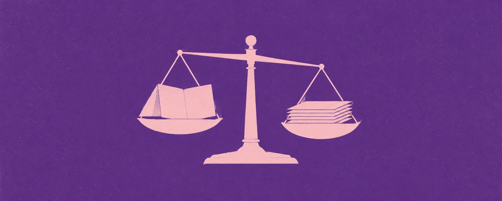 丝网海报：浅粉色天平的两只托盘分别放着折叠纸张和一叠纸页。