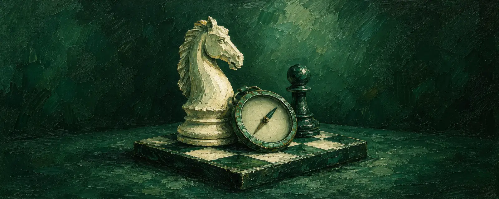 Oil painting: A round maritime compass rests beside a pale knight and a dark pawn on a green chessboard.