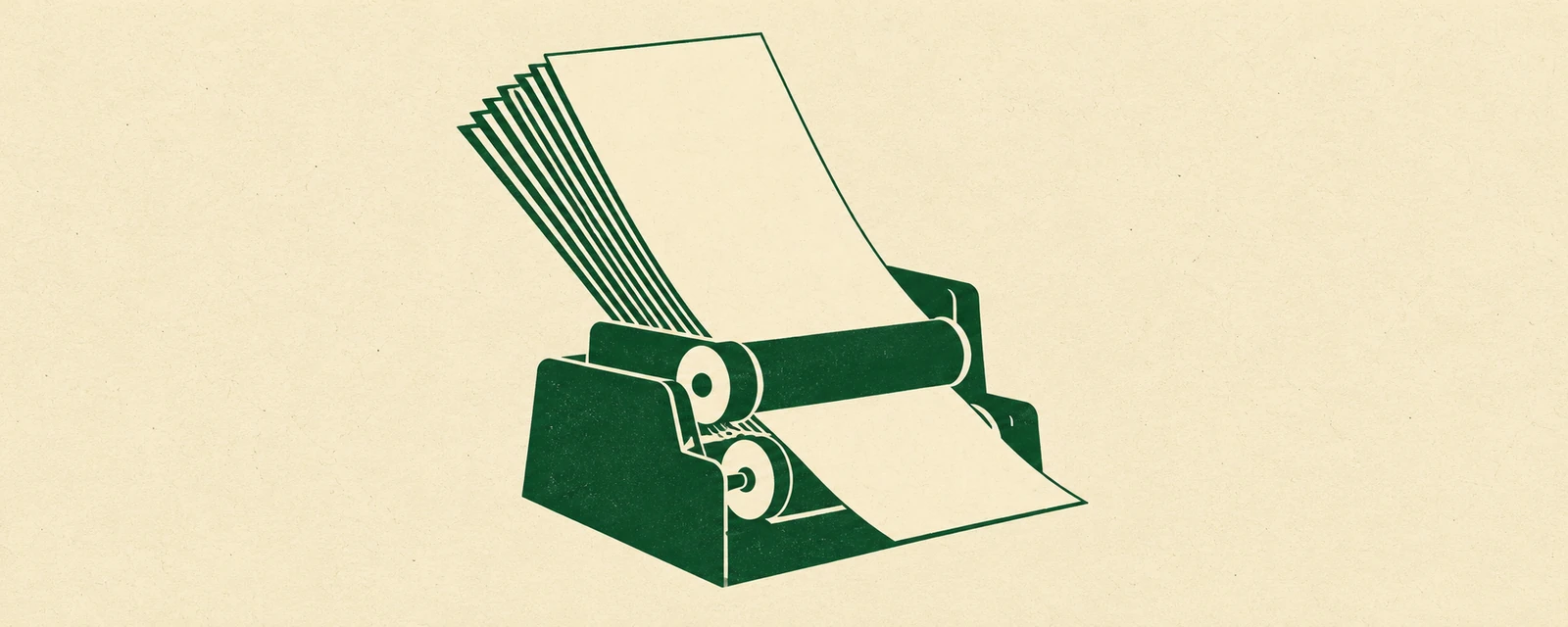 Screen print poster: A stack of blank pages feeds between the rollers of a green machine.