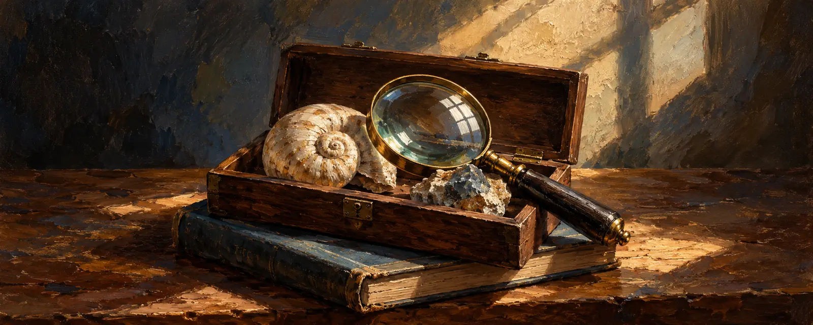 Oil painting: Window light illuminates a specimen box holding shells and a mineral, with a magnifying glass resting across it.
